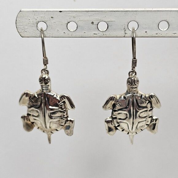 Sterling Silver 925 Sea Turtle Earrings Dangle Hook Pierced Nautical Beach - Picture 7 of 8